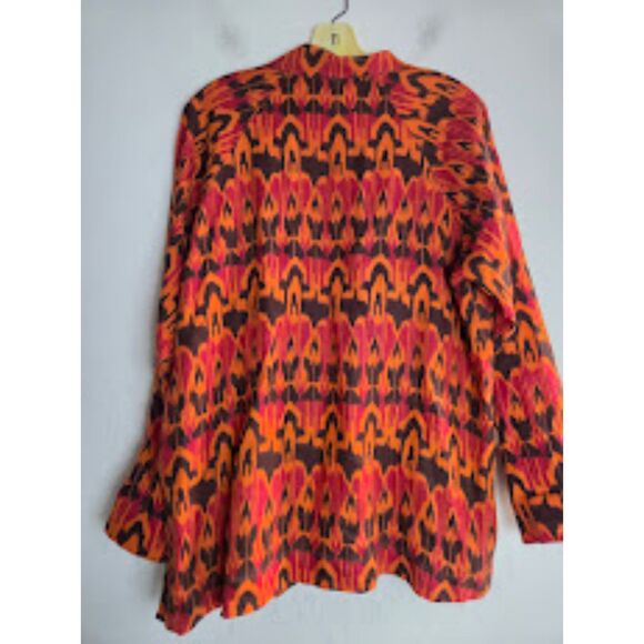 Bryn Walker Red & Brown "Ikat" Print 100% Linen Mandarin Collar Wrap size XL - Picture 1 of 7